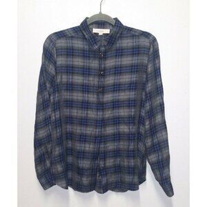 Ann Taylor Loft Shirt Blue Black Plaid Sz M Collar button up Rhinestone-Buttons